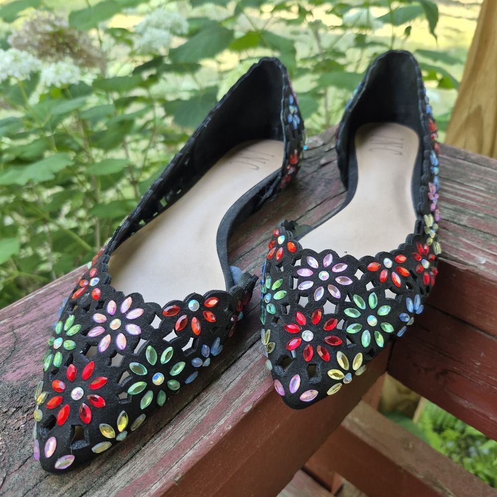 INC International Concepts Black Floral Rhinestone Pointed Toe Flats 7.5M Womens